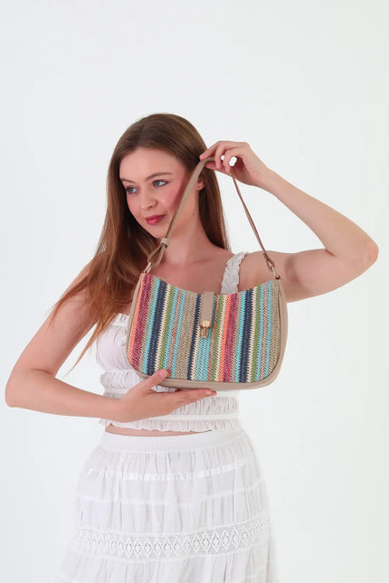 Solea Mix Renk Hasır Omuz Çantası -  Mavi