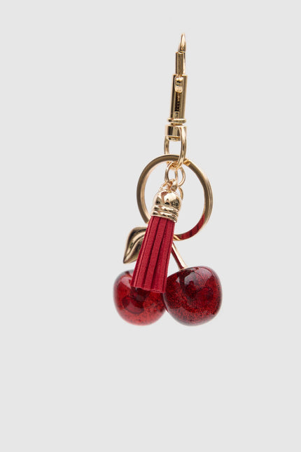 Püsküllü ve Kirazlı Çanta Charmı Kırmızı